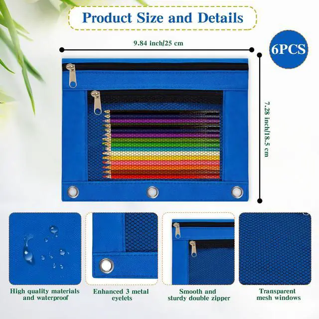 Alt view image 3 of 7 - Pencil Pouch for 3 Ring Binder 6 Pack Pencil Bags with Zipper Pencil Case for Binder Large Pencil Case Pouch 3 Ring with Clear Mesh Window Double Pockets Office Supplies Assorted Color