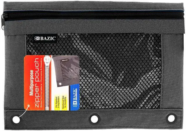 Main image of Pencil Pouch 3 Ring Binder Pouch w/Rivet Enforced Rings Holes, Mesh Window, Zipper Pouches Cosmetic Bag, Black Color, 1-Count