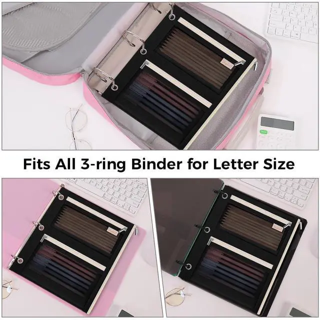 Alt view image 3 of 7 - Pencil Pouch for Binder, Pencil Case, 3 Ring Binder Pencil Pouch with 3 Pockets and Mesh Window, Zipper Pencil Pouch, Durable Organizer for School Supplies, Cables, Earbuds, Makeup