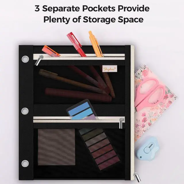 Alt view image 4 of 7 - Pencil Pouch for Binder, Pencil Case, 3 Ring Binder Pencil Pouch with 3 Pockets and Mesh Window, Zipper Pencil Pouch, Durable Organizer for School Supplies, Cables, Earbuds, Makeup