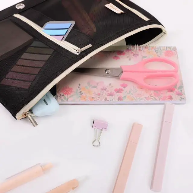 Alt view image 6 of 7 - Pencil Pouch for Binder, Pencil Case, 3 Ring Binder Pencil Pouch with 3 Pockets and Mesh Window, Zipper Pencil Pouch, Durable Organizer for School Supplies, Cables, Earbuds, Makeup