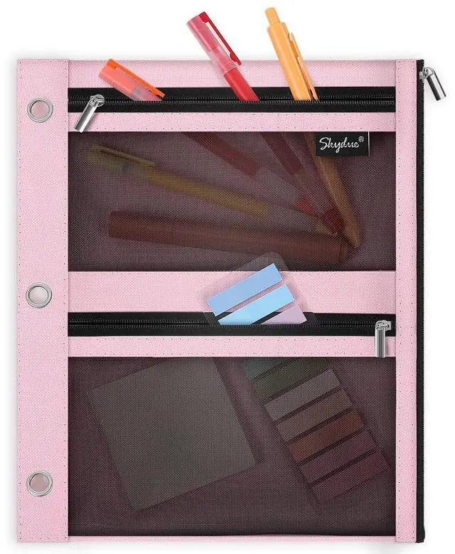 Main image of Pencil Pouch for Binder, Pencil Case, 3 Ring Binder Pencil Pouch with 3 Pockets and Mesh Window, Zipper Pencil Pouch, Durable Organizer for School Supplies, Cables, Earbuds, Makeup, Pink