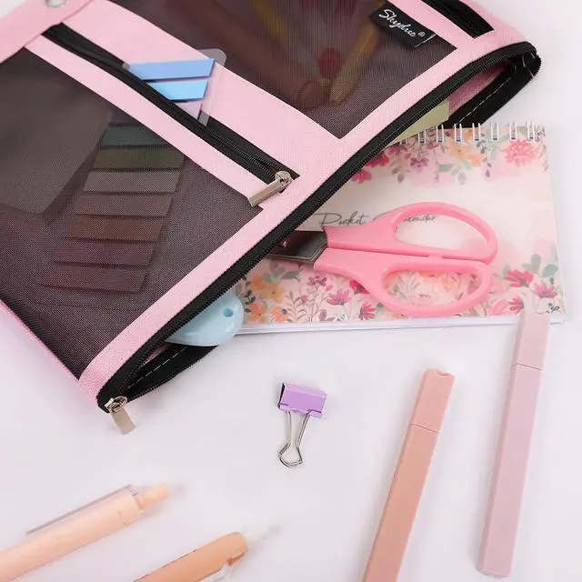 Alt view image 2 of 7 - Pencil Pouch for Binder, Pencil Case, 3 Ring Binder Pencil Pouch with 3 Pockets and Mesh Window, Zipper Pencil Pouch, Durable Organizer for School Supplies, Cables, Earbuds, Makeup, Pink