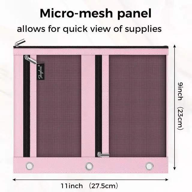Alt view image 4 of 7 - Pencil Pouch for Binder, Pencil Case, 3 Ring Binder Pencil Pouch with 3 Pockets and Mesh Window, Zipper Pencil Pouch, Durable Organizer for School Supplies, Cables, Earbuds, Makeup, Pink