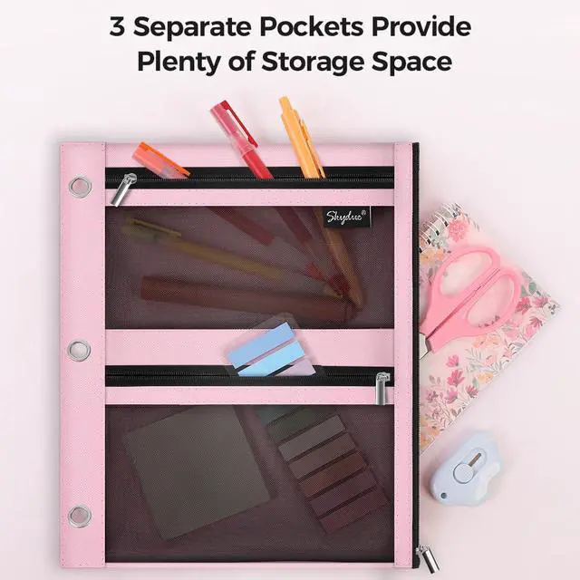 Alt view image 5 of 7 - Pencil Pouch for Binder, Pencil Case, 3 Ring Binder Pencil Pouch with 3 Pockets and Mesh Window, Zipper Pencil Pouch, Durable Organizer for School Supplies, Cables, Earbuds, Makeup, Pink