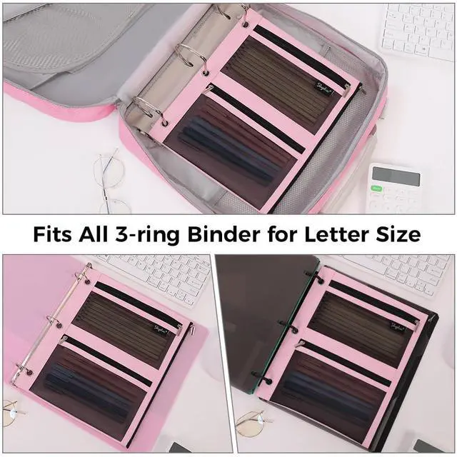 Alt view image 6 of 7 - Pencil Pouch for Binder, Pencil Case, 3 Ring Binder Pencil Pouch with 3 Pockets and Mesh Window, Zipper Pencil Pouch, Durable Organizer for School Supplies, Cables, Earbuds, Makeup, Pink