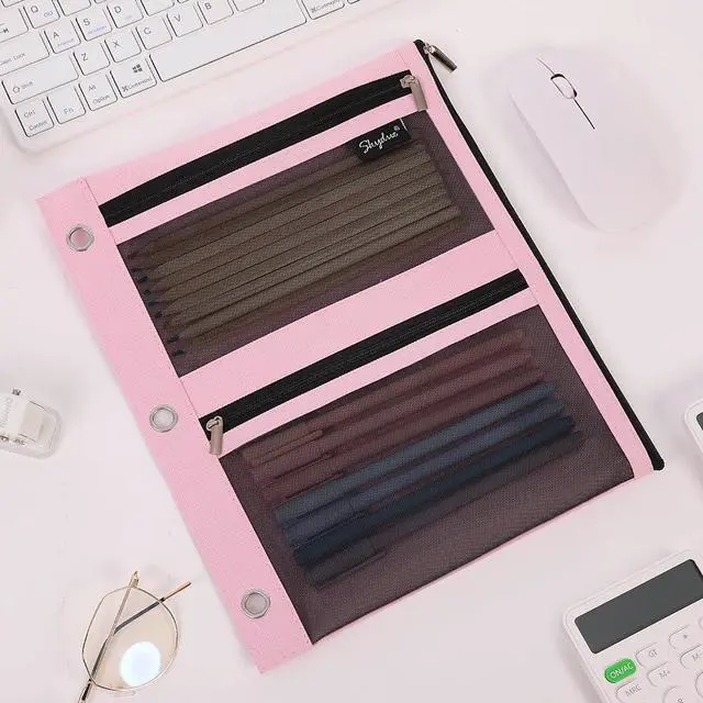 Alt view image 7 of 7 - Pencil Pouch for Binder, Pencil Case, 3 Ring Binder Pencil Pouch with 3 Pockets and Mesh Window, Zipper Pencil Pouch, Durable Organizer for School Supplies, Cables, Earbuds, Makeup, Pink