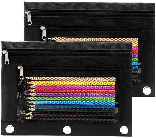 Main image of Pencil Pouch 3 Ring Binder Pouch Zippered Pencil Case Canvas Pencil Bag with 2 Compartments (Set of 2, Black)