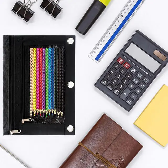 Alt view image 3 of 7 - Pencil Pouch 3 Ring Binder Pouch Zippered Pencil Case Canvas Pencil Bag with 2 Compartments (Set of 2, Black)