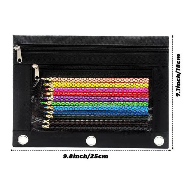 Alt view image 2 of 7 - Pencil Pouch 3 Ring Binder Pouch Zippered Pencil Case Canvas Pencil Bag with 2 Compartments (Set of 2, Black)