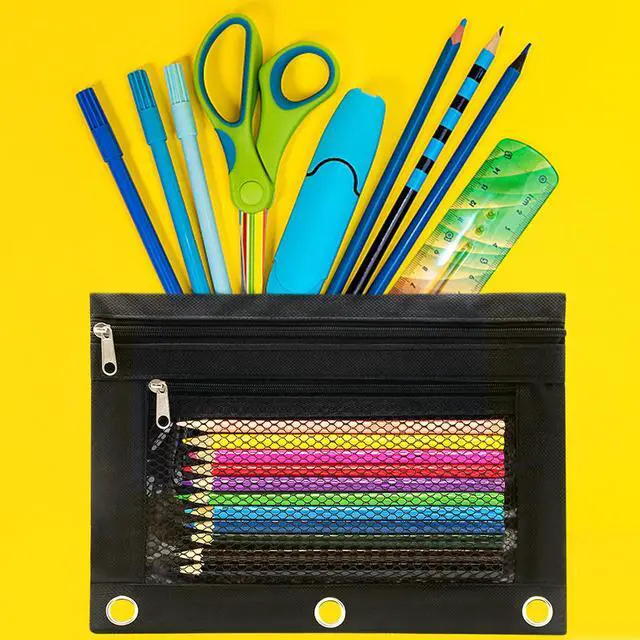 Alt view image 4 of 7 - Pencil Pouch 3 Ring Binder Pouch Zippered Pencil Case Canvas Pencil Bag with 2 Compartments (Set of 2, Black)