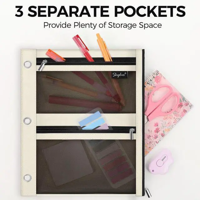 Alt view image 3 of 7 - 3 Ring Pencil Pouch for Binder, Zipper Binder Pencil Pouch with 3 Pockets and Mesh Window, Durable Organizer for School Supplies, Cables, Earbuds, Makeup