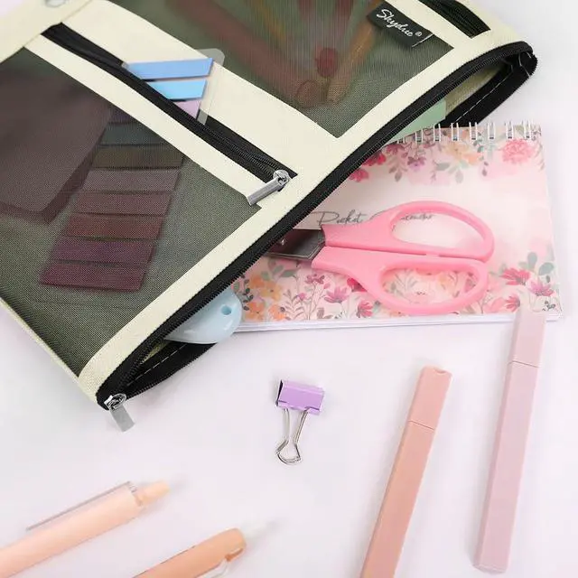 Alt view image 5 of 7 - 3 Ring Pencil Pouch for Binder, Zipper Binder Pencil Pouch with 3 Pockets and Mesh Window, Durable Organizer for School Supplies, Cables, Earbuds, Makeup