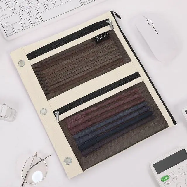 Alt view image 7 of 7 - 3 Ring Pencil Pouch for Binder, Zipper Binder Pencil Pouch with 3 Pockets and Mesh Window, Durable Organizer for School Supplies, Cables, Earbuds, Makeup