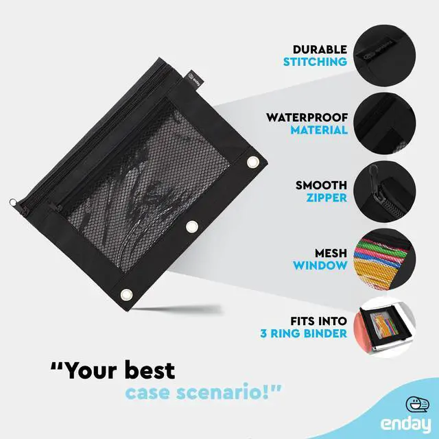 Alt view image 3 of 7 - Black Pencil Pouch For 3 Ring Binder, Zippered Binder Pencil Pouches, 3 Ring Pencil Pouch for Binder, Pencil Case for Binder, Large Pencil Bags for School, Home, and Office