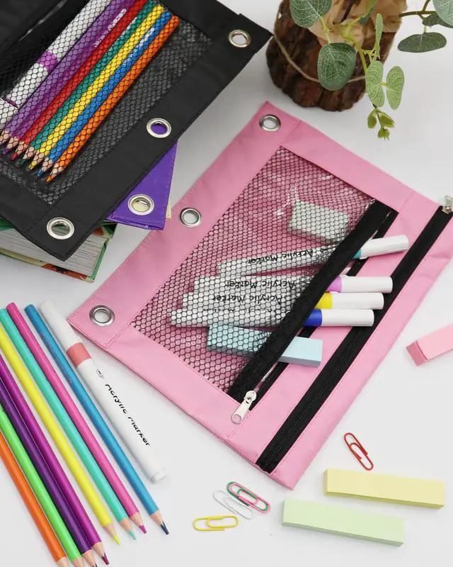 Alt view image 2 of 7 - 3 Ring Binder Pencil Pouch - Oxford Fabric Pencil Case with 2 Zippered Pockets, Clear Mesh Window Pencil Bag, B5 Size for Office & Travel Supplies (Pink)