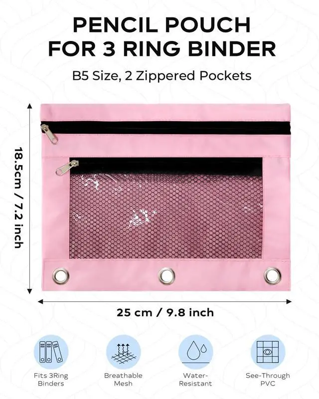 Alt view image 3 of 7 - 3 Ring Binder Pencil Pouch - Oxford Fabric Pencil Case with 2 Zippered Pockets, Clear Mesh Window Pencil Bag, B5 Size for Office & Travel Supplies (Pink)