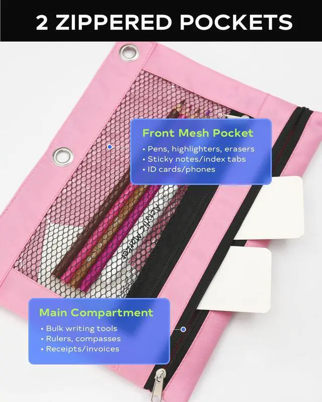 Alt view image 4 of 7 - 3 Ring Binder Pencil Pouch - Oxford Fabric Pencil Case with 2 Zippered Pockets, Clear Mesh Window Pencil Bag, B5 Size for Office & Travel Supplies (Pink)