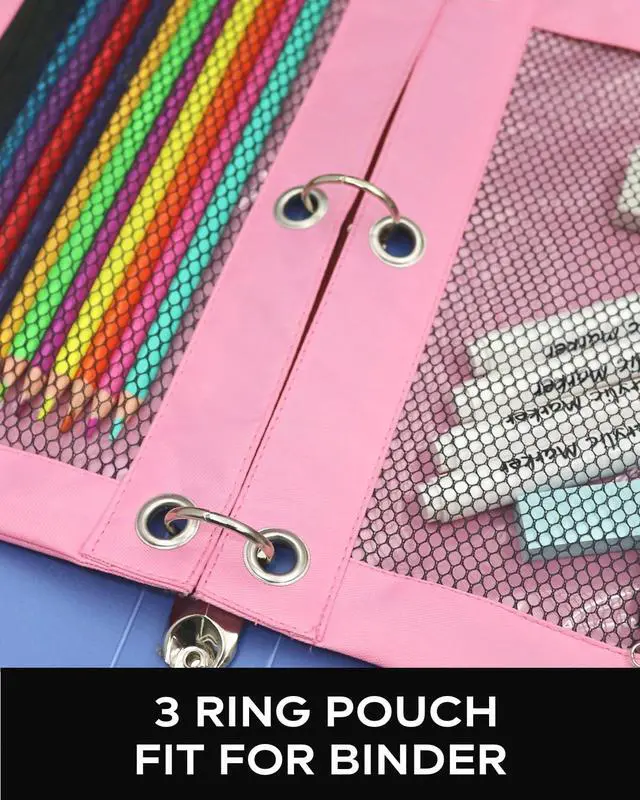 Alt view image 6 of 7 - 3 Ring Binder Pencil Pouch - Oxford Fabric Pencil Case with 2 Zippered Pockets, Clear Mesh Window Pencil Bag, B5 Size for Office & Travel Supplies (Pink)
