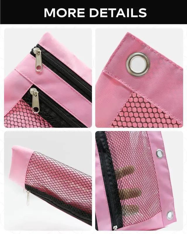 Alt view image 5 of 7 - 3 Ring Binder Pencil Pouch - Oxford Fabric Pencil Case with 2 Zippered Pockets, Clear Mesh Window Pencil Bag, B5 Size for Office & Travel Supplies (Pink)
