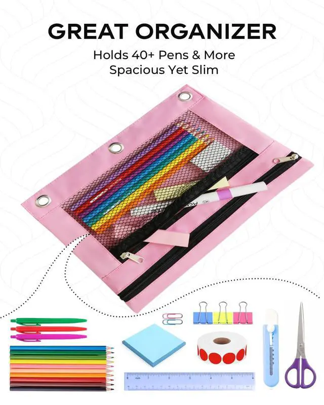 Alt view image 7 of 7 - 3 Ring Binder Pencil Pouch - Oxford Fabric Pencil Case with 2 Zippered Pockets, Clear Mesh Window Pencil Bag, B5 Size for Office & Travel Supplies (Pink)
