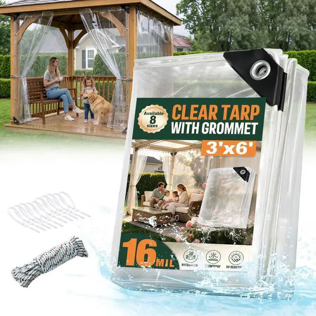 Main image of 3x6 FT Heavy Duty Clear Tarp Waterproof, 16 Mil PVC Vinyl Clear Tarpaulin, Clear Plastic Tarp for Porch Patio Pavilion Garden Furniture Reinforced Edges