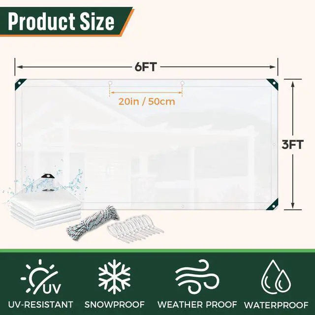 Alt view image 4 of 7 - 3x6 FT Heavy Duty Clear Tarp Waterproof, 16 Mil PVC Vinyl Clear Tarpaulin, Clear Plastic Tarp for Porch Patio Pavilion Garden Furniture Reinforced Edges