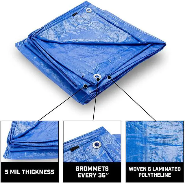 Alt view image 4 of 7 - Grizzly Tarps by 10' x 14' Large Multi-Purpose Waterproof Heavy Duty Poly Tarp with Grommets Every 36", 8x8 Weave, 5 Mil Thick, for Home, Boats, Cars, Camping, Protective Cover, Blue