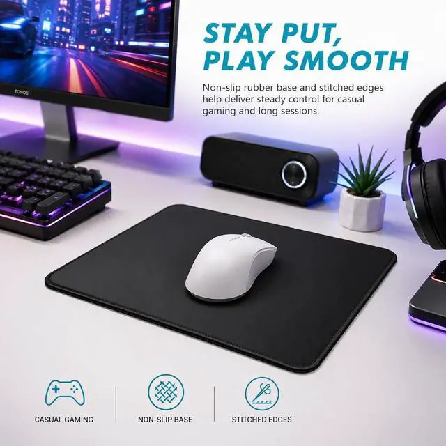 Alt view image 3 of 7 - Mouse Pad 11 x 8.7 in, Smooth & Stable Mousepad with Stitched Edges and Non-Slip Base, Smooth Cloth Surface Computer Black Mouse Pad. Clean Desk Essential for Work, Study & Home Office