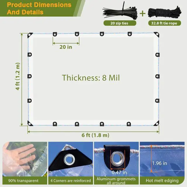 Alt view image 5 of 7 - Clear Tarp 4x6ft, Clear Tarps with Grommets, 8 MiL Heavy Duty Waterproof with Reinforced Edge for Plant Greenhouse, Balcony, Garden, Pet Hutch, Roof.