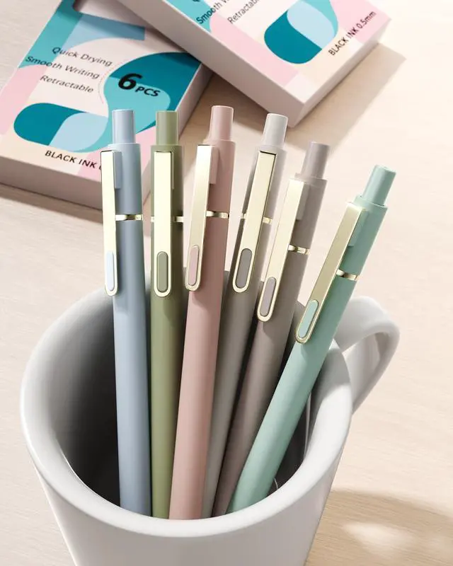 Alt view image 6 of 7 - Gel Pens, 6 Pack 0.5mm Pens Fine Point Smooth Writing Pens with Quick-Dry Black Ink, Cute Aesthetic School Office Note-Taking Pens for Journaling - Morandi