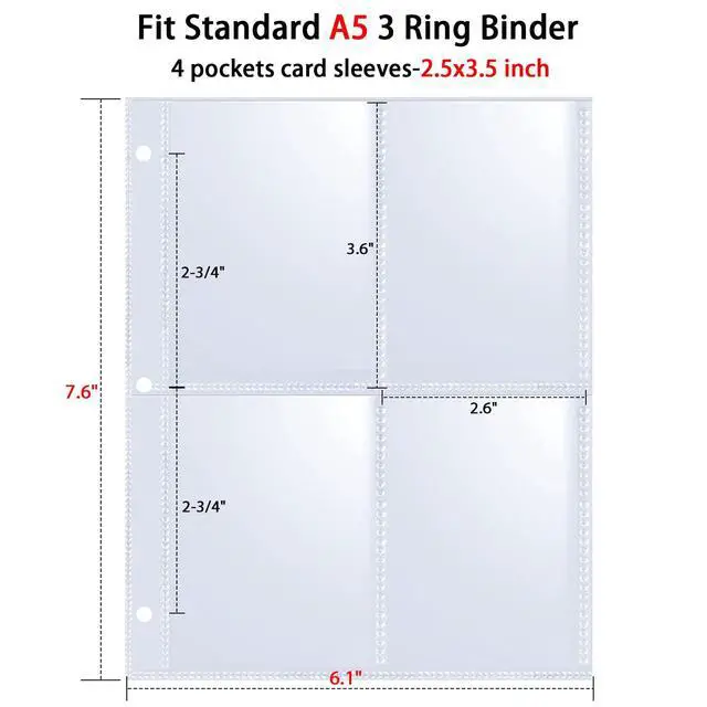 Alt view image 4 of 7 - 50 Pack 400 Pockets 2.5x3.5 Trading Card Sleeves,A5 Binder 4 Pocket Card Sleeves,Double-Sided 4 Pocket 6.1x7.6 Page Protector,Ultra-Clear Game Card Sheets for A5 Mini 3 Ring Binder