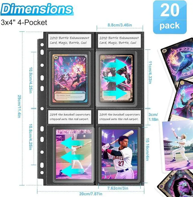 Alt view image 3 of 7 - Top Loader Sleeves 4 Pocket, 20 Pack Toploader Binder Pages for 3x4 Baseball Card Protectors, 160 Pockets Trading Card Sleeves Binder Sheets, Hard Plastic Card Storage Sleeves for 3 Ring Binder