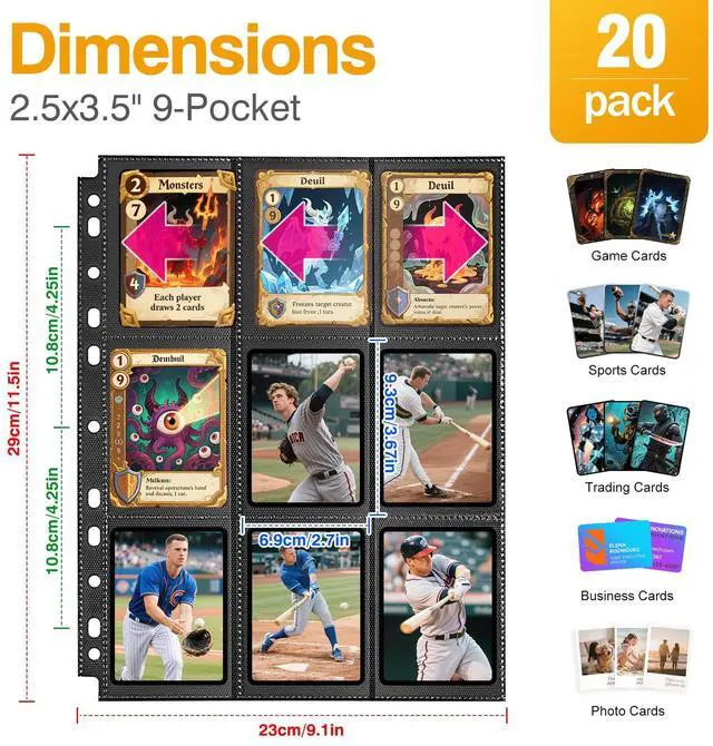 Alt view image 2 of 7 - 20 Pack 360 Pockets Black Trading Card Sleeves Binder Sheets, Double Sided Thicken Game Card Sleeves for 3 Ring Binder, 9 Pocket Side Loading Page Protector for MTG, Yugioh, Game, Baseball Cards
