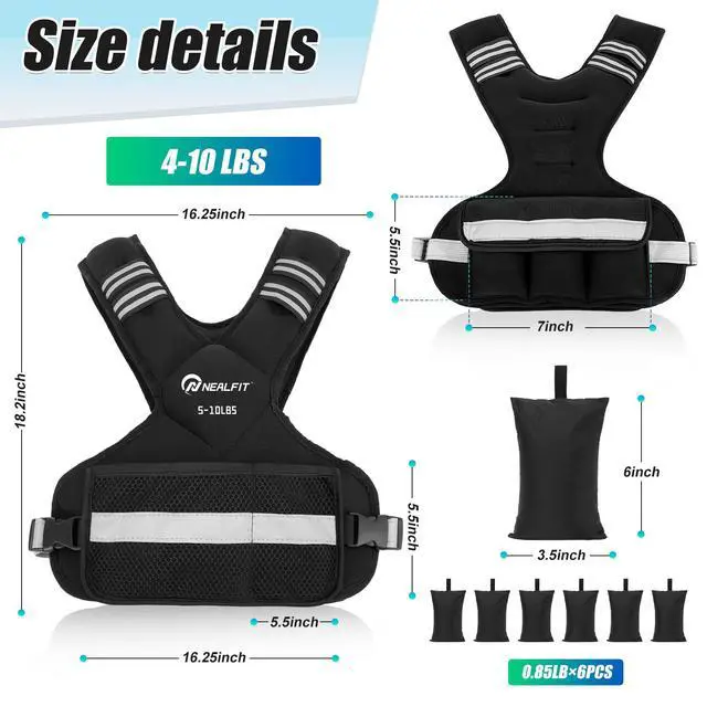 Alt view image 2 of 7 - Weighted Vest for Women and Men, 5-10lb/11-20lb/18-30lb Adjustable Weighted Vest with Reflective Strip, Body Weight Vest for Walking, Running, Fitness, Strength Training (Black, 5-10 lbs)