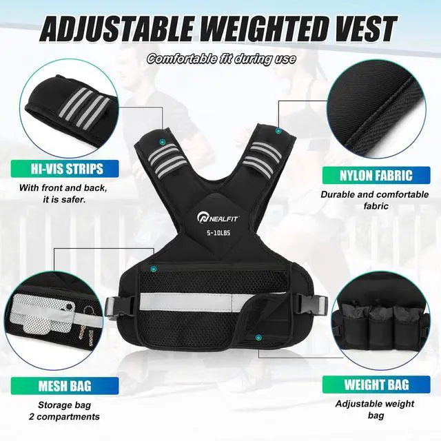 Alt view image 3 of 7 - Weighted Vest for Women and Men, 5-10lb/11-20lb/18-30lb Adjustable Weighted Vest with Reflective Strip, Body Weight Vest for Walking, Running, Fitness, Strength Training (Black, 5-10 lbs)