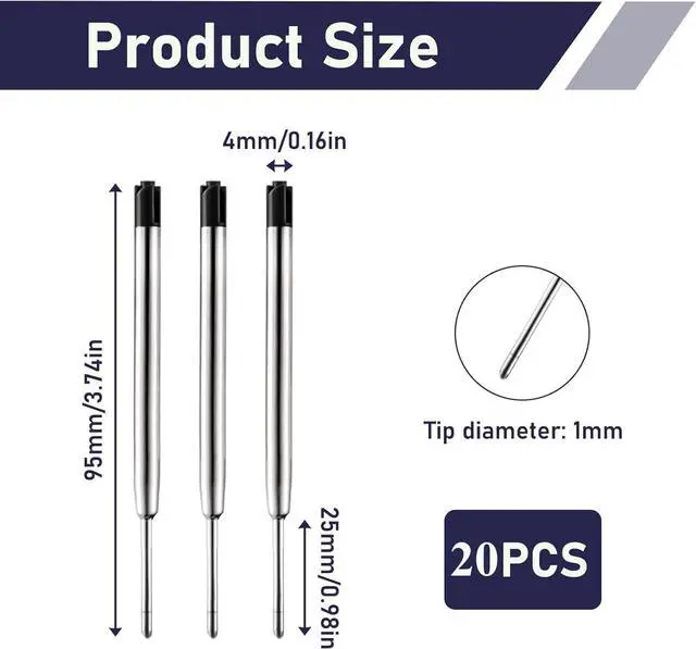 Alt view image 2 of 6 - 20 Pack Ballpoint Pen Refills Compatible with Parker Style Pens, 3.9 Inch Black Ink Refills Medium Point 1.0mm Tip, Smooth Quick Dry Writing Replacement Refills for Click Pens Office School Supplies