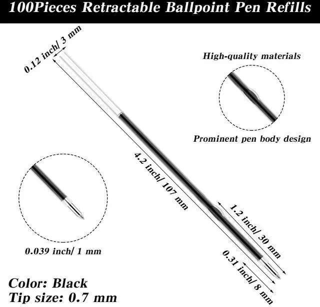 Alt view image 2 of 7 - 100 Pcs Ballpoint Ink Pen Refills Retractable Ballpoint Pen Refills 4.2 Inch Black Ink Refill Soft Click Pens Smooth Writing Medium Point for Journal Office School Supplies