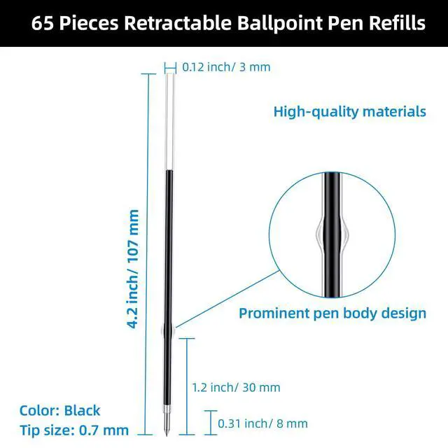 Alt view image 2 of 6 - 65 Pieces Retractable Ballpoint Pen Refills Replacement Ballpoint Pen Refills Ink Pen Refills Black for Journal Writing, Office and School Supplies, 107 mm in Length (Black,0.7 mm)