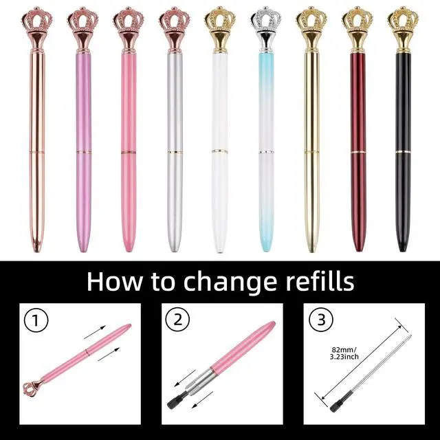 Alt view image 4 of 6 - Pens Refills 20 Pcs 3.23in Ballpoint Pen Refills Sparkling Bling Diamond Crown Top Black Ink Medium Point Pens