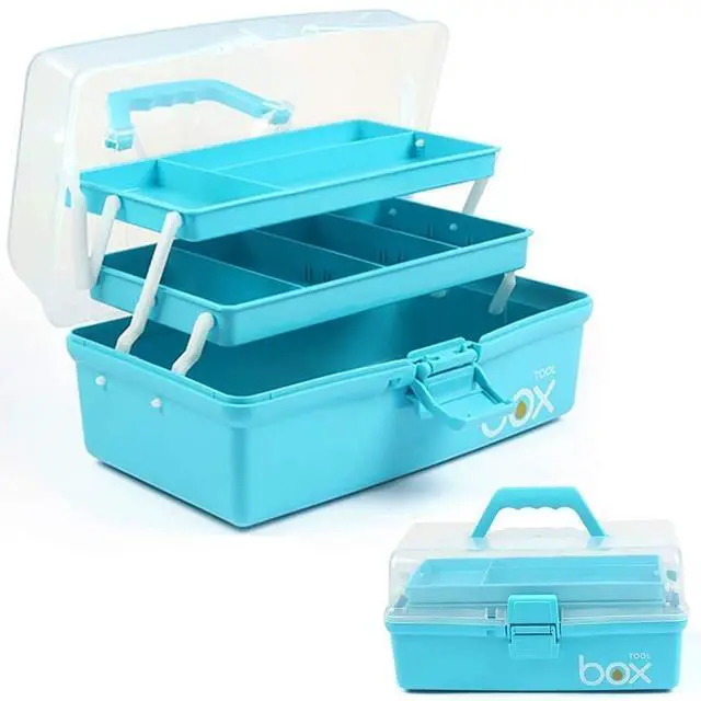Main image of 12in 3-Layer Plastic Craft Organizers and Storage, Portable Folding Tackle Box with Handle & Adjustable Dividers, Multipurpose Case for Sewing, Art Supplies, Medicine, Tools (Blue)