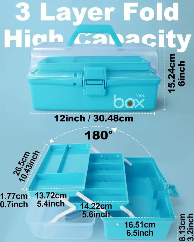 Alt view image 2 of 7 - 12in 3-Layer Plastic Craft Organizers and Storage, Portable Folding Tackle Box with Handle & Adjustable Dividers, Multipurpose Case for Sewing, Art Supplies, Medicine, Tools (Blue)