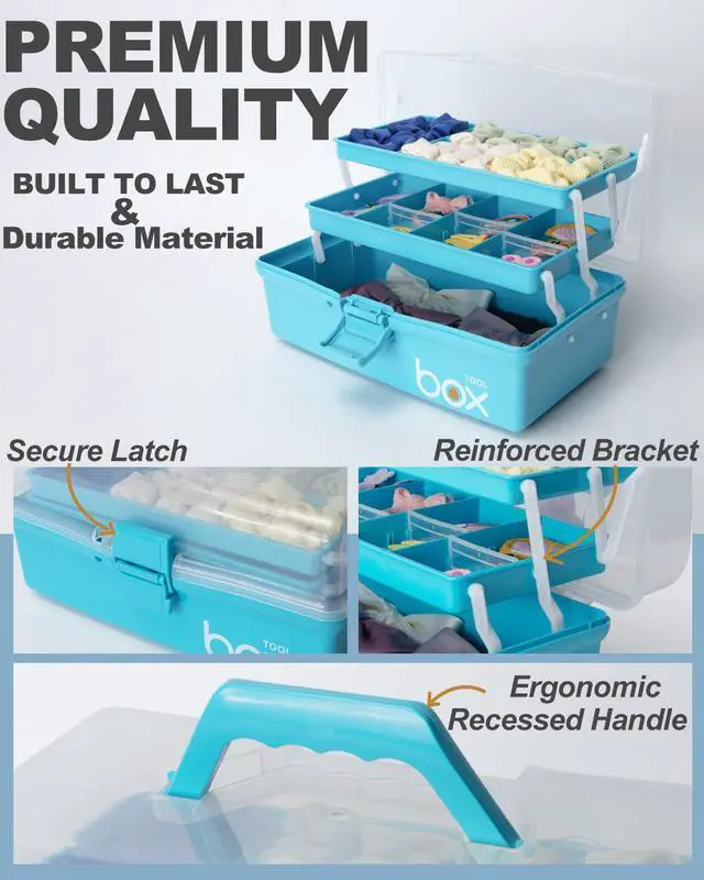 Alt view image 3 of 7 - 12in 3-Layer Plastic Craft Organizers and Storage, Portable Folding Tackle Box with Handle & Adjustable Dividers, Multipurpose Case for Sewing, Art Supplies, Medicine, Tools (Blue)