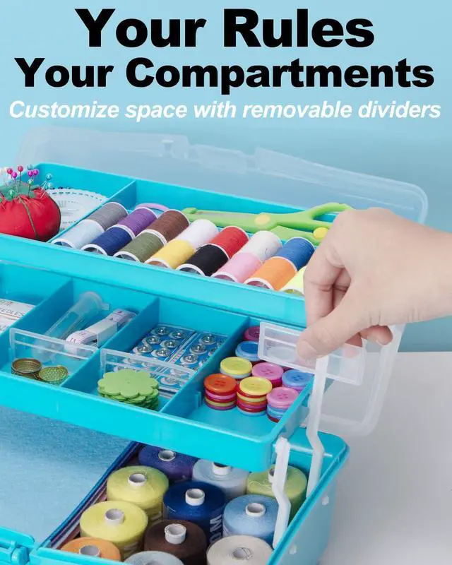 Alt view image 4 of 7 - 12in 3-Layer Plastic Craft Organizers and Storage, Portable Folding Tackle Box with Handle & Adjustable Dividers, Multipurpose Case for Sewing, Art Supplies, Medicine, Tools (Blue)