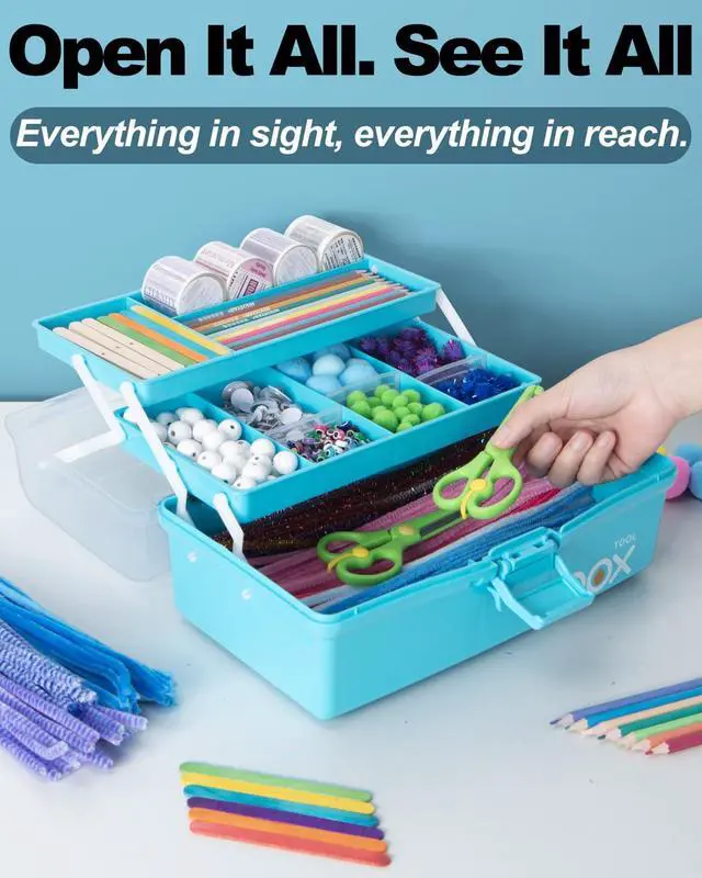 Alt view image 5 of 7 - 12in 3-Layer Plastic Craft Organizers and Storage, Portable Folding Tackle Box with Handle & Adjustable Dividers, Multipurpose Case for Sewing, Art Supplies, Medicine, Tools (Blue)