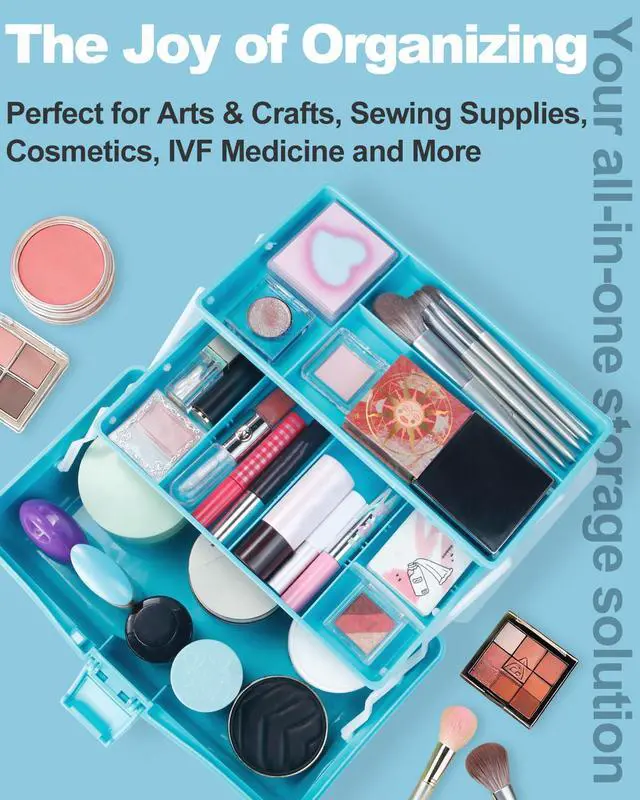 Alt view image 6 of 7 - 12in 3-Layer Plastic Craft Organizers and Storage, Portable Folding Tackle Box with Handle & Adjustable Dividers, Multipurpose Case for Sewing, Art Supplies, Medicine, Tools (Blue)