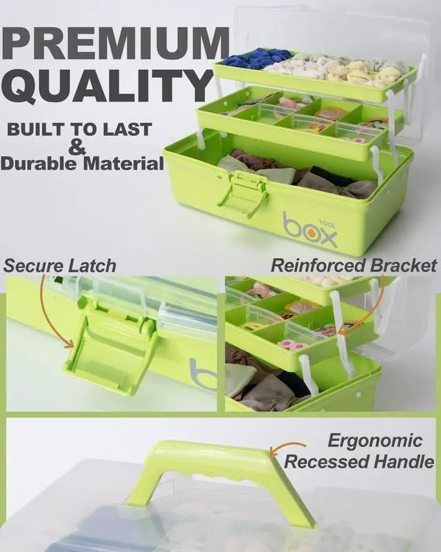 Alt view image 3 of 7 - 12in 3-Layer Plastic Craft Organizers and Storage, Portable Folding Tackle Box with Handle & Adjustable Dividers, Multipurpose Case for Sewing, Art Supplies, Medicine, Tools (Green)