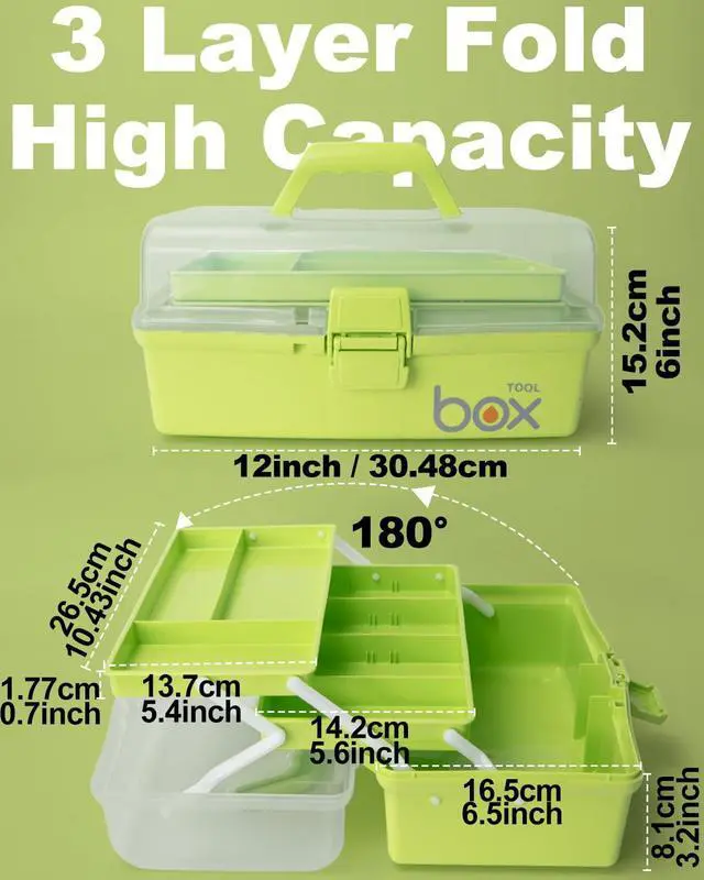 Alt view image 2 of 7 - 12in 3-Layer Plastic Craft Organizers and Storage, Portable Folding Tackle Box with Handle & Adjustable Dividers, Multipurpose Case for Sewing, Art Supplies, Medicine, Tools (Green)