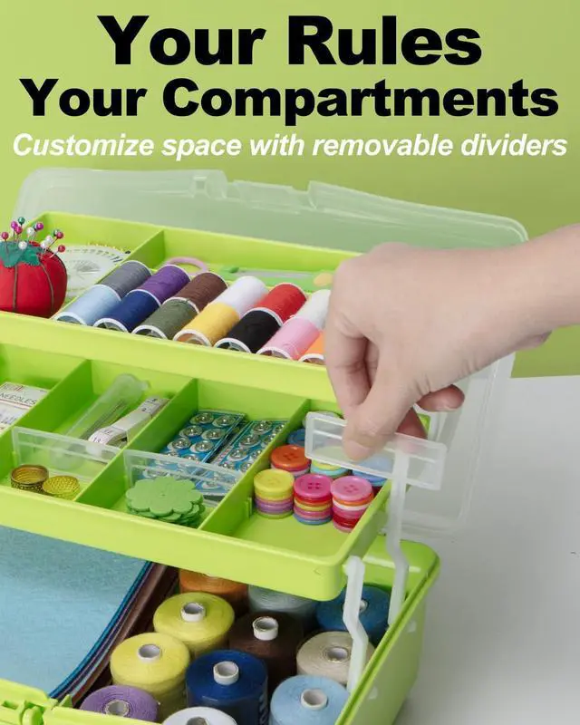 Alt view image 4 of 7 - 12in 3-Layer Plastic Craft Organizers and Storage, Portable Folding Tackle Box with Handle & Adjustable Dividers, Multipurpose Case for Sewing, Art Supplies, Medicine, Tools (Green)