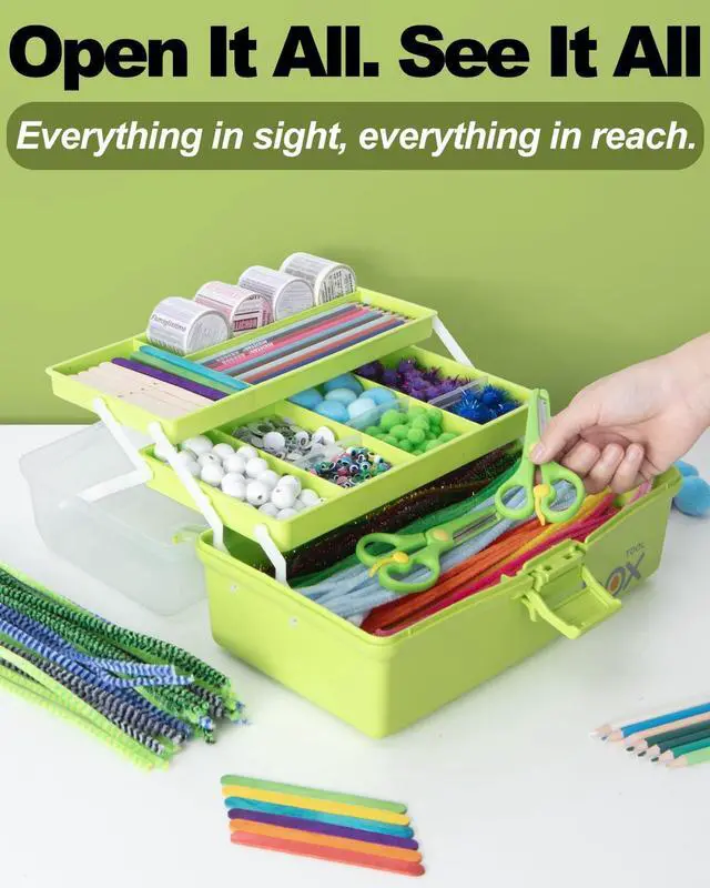 Alt view image 5 of 7 - 12in 3-Layer Plastic Craft Organizers and Storage, Portable Folding Tackle Box with Handle & Adjustable Dividers, Multipurpose Case for Sewing, Art Supplies, Medicine, Tools (Green)